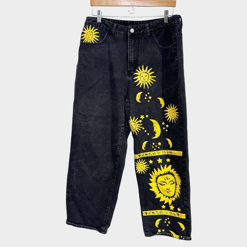Black Baggy Jeans With Yellow Painted Celestial Sun Moon Print Women 0XL Indie